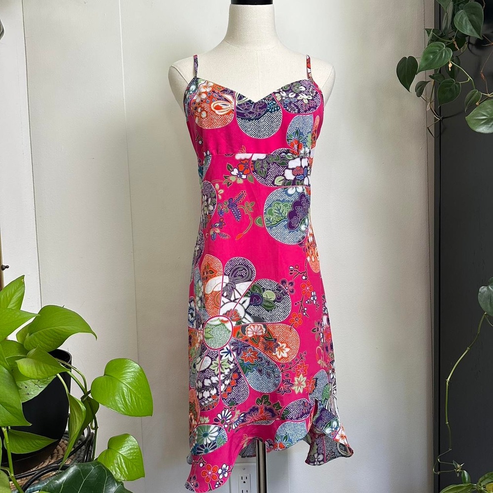 No Boundaries Y2K Pink Floral Asian Inspired Midi Dress Asymmetrical Hem L 11/13